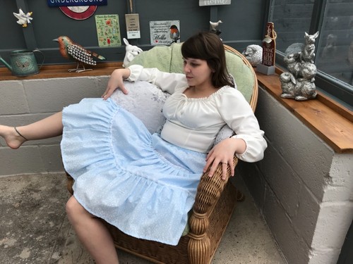 COUNTRY STYLE PALE BLUE FLORAL SKIRT WITH ATTACHED WHITE LACE TRIMED PETTICOAT