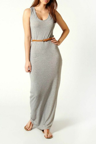 New Womens Ladies Plain Racer Back Belted Stretch Jersey Bodycon Long Maxi Dress