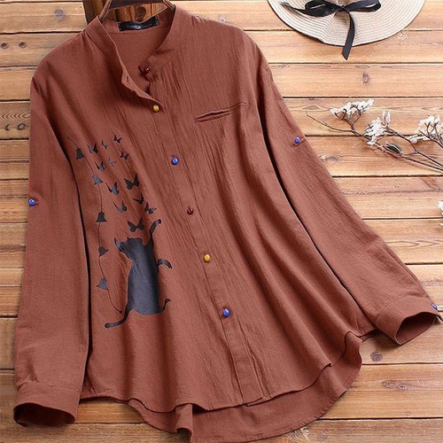 Women Cat Print Long Sleeve Baggy Tunic Tops Casual Loose Blouse Shirt Plus Size