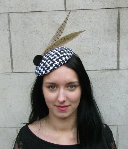 Black Dogtooth Houndstooth Pheasant Feather Pillbox Hat Fascinator Races 8022
