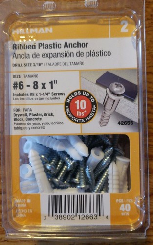 IT#Z 8 Screw /& Anchor Hillman White Ribbed Plastic Anchor #6-8 x 1/" 40 sets-