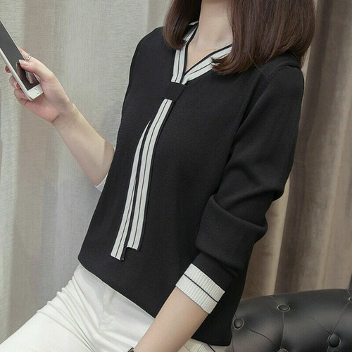 Damen Gebunden Pullover Strickpulli V Ausschnitt Kontrastfarbe Freizeittop