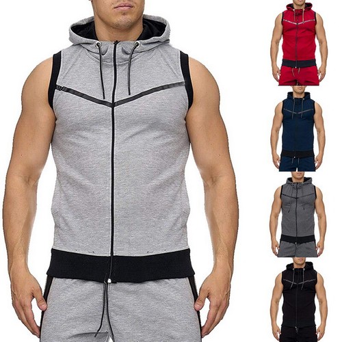 Men Sleeveless Hoodie Sweatshirt Vest Sport Casual Hooded Tank Tops T Shirt Tops
