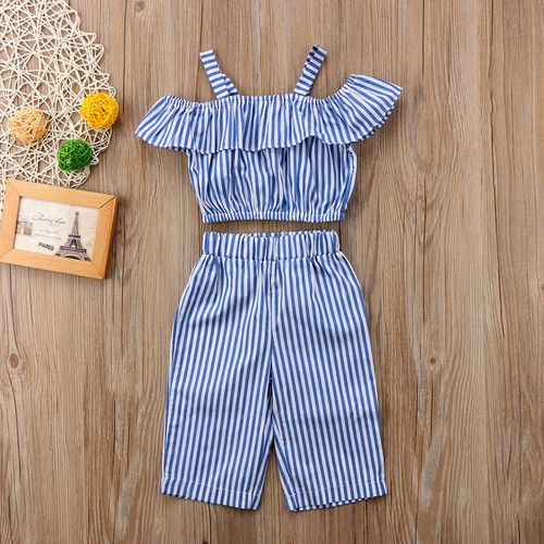2pcs Toddler Kid Baby Girl Clothes Stripe Ruffle T Shirt Tops Pants Outfits Set