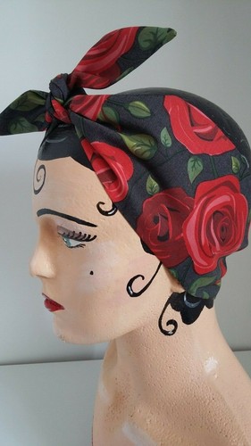 LAND GIRL ROCKABILLY TIE HEADBAND HEADSCARF BOLD RED ROSES 40s 50s PIN UP