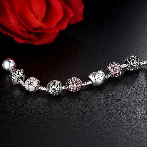 European 925 Glass Bead Charms Bracelet With Crystal Fit Women Handmade Jewelry