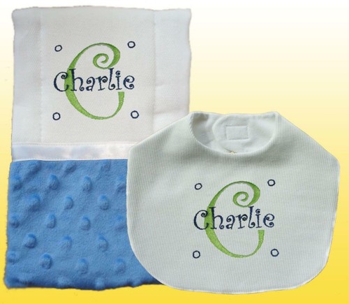 New Handmade Personalized Embroidered Blue Green Minky Bib and Burp Cloth Set