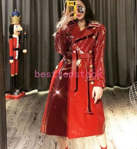 Black Patent Leather Real Leather Women Trench Coat Long Parka Fashion Overcoat