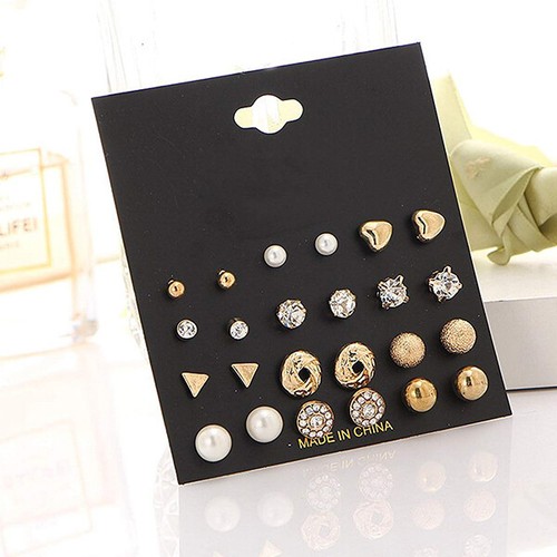 12 Paar Mode Frauen Platz Herz Dreieck-Strass Perle Ohrringe Set Ohrstecker S 1I