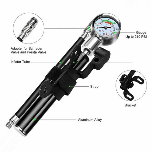 Bicycle Pump With Gauge High Pressure Meter Shock Bike Air Inflator Alloy