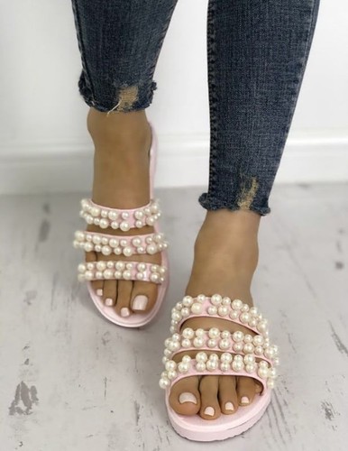 UK Womens Pearl Sequin Sandals Ladies Summer Beach Shiny Casual Slippers Home
