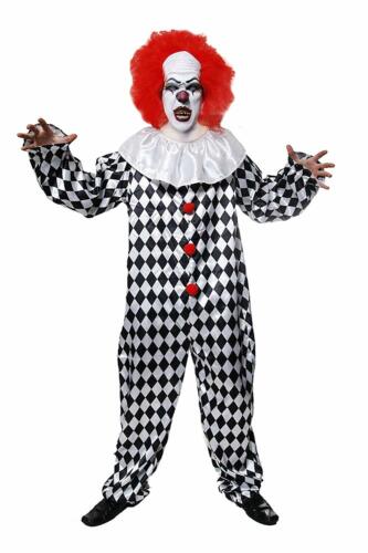 Mens Evil Clown Costume Adult Circus Hell Halloween Fancy Dress Jumpsuit /& Wig