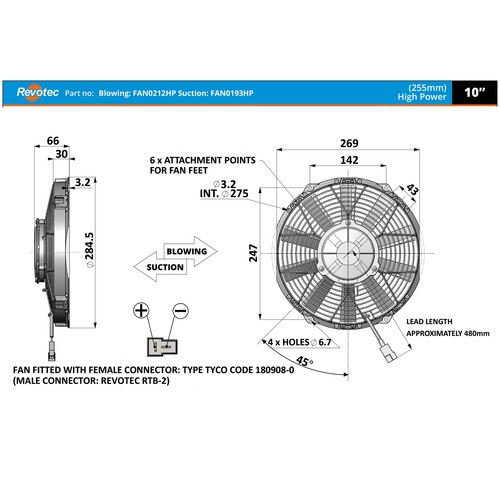 environ 25.40 cm Souffle 255 mm Revotec course//rallye Comex Haute Puissance Voiture Ventilateur de refroidissement 10 in