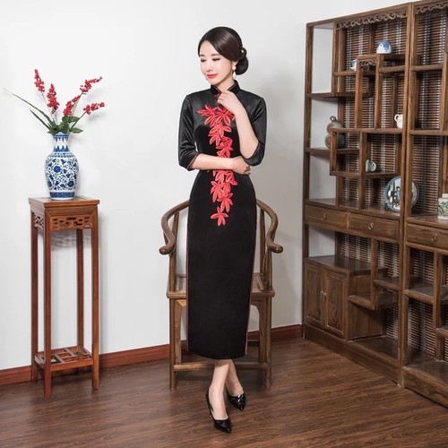 Nouveau luxe noir et velours Rouge chinois Longue Robe Cheongsam QiPao lcdress 46