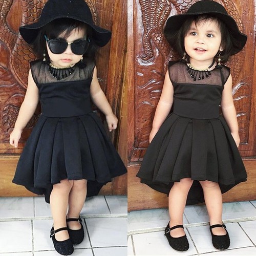Girls Sleeveless Dresses Party Princess Dress Clothes Lace Pleated Black Dress