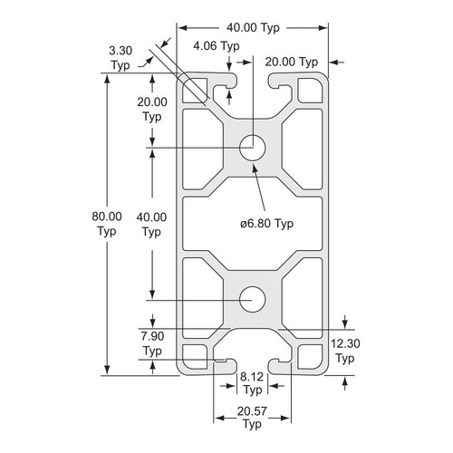 80//20 Inc 40mm x 80mm Aluminum Extrusion 40 Series 40-4085-Lite x 1830mm N