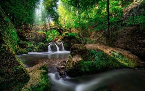 Cascada Bosque Verde-Paisaje Puente Grande Sin Enmarcar Cuadro Lienzo 20x28/"
