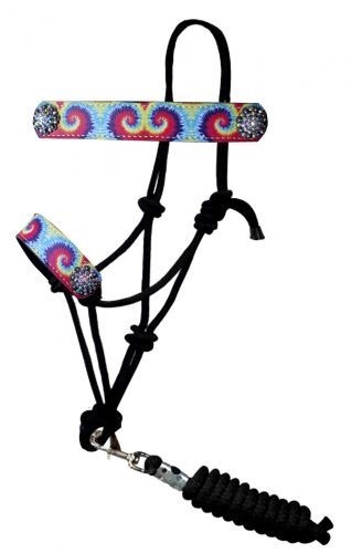 NEW TACK Showman BLACK Rope Halter w// RAINBOW TIE DYE Pint Noseband /& Lead Rope