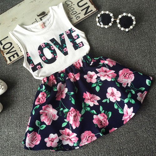 UK Toddler Baby Kids Girls Dress Tank Vest Tops T-Shirt+Skirt Outfit Set Clothes