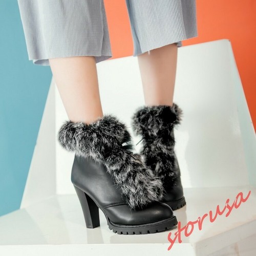 Size 34-48 high Block Heel Furry Snow Boots Women Lady Front Lace UP Ankle Boots