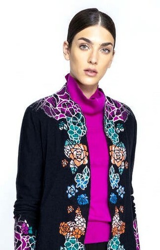 10/% Ivko lange Strickjacke Cardigan 38 und 42 Wolle schwarz pink Glasfenster
