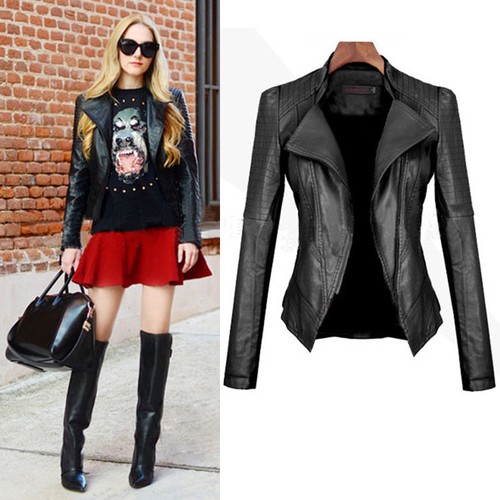 Fashion PU Leather High Collar Rocky Women/'s Coat Jacket Motor Bike Locomotive