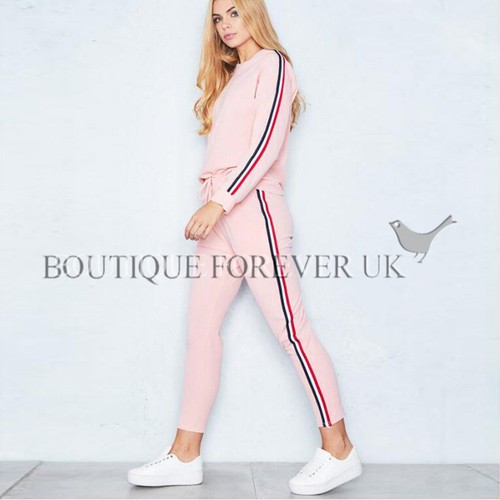 UK Womens 2 PCS Tracksuit Set Ladies Side Striped Active Sport Wear Size 6-16