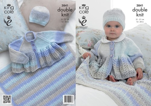 King Cole Baby Double Knitting DK Pattern Lace Effect Jacket Hat Blanket 3841
