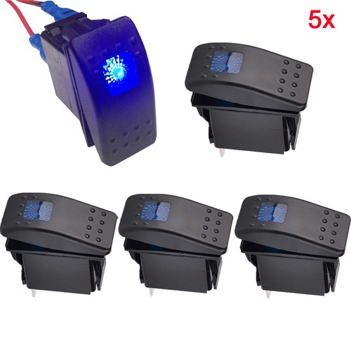 5pcs 12V 20A Bar 4P Push Rocker Toggle Switch Blue LED Light Waterproof Car Boat