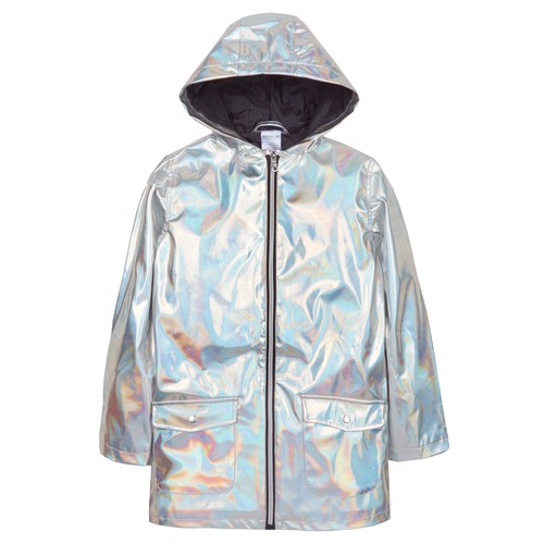 Girls Holographic Iridescent Shiny Silver Raincoat Hooded Jacket Childrens Kids
