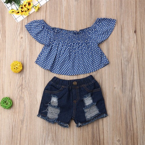 Toddler Kid Baby Girl Off Shoulder Top Denim Jeans Short Pants Clothes Outfit UK
