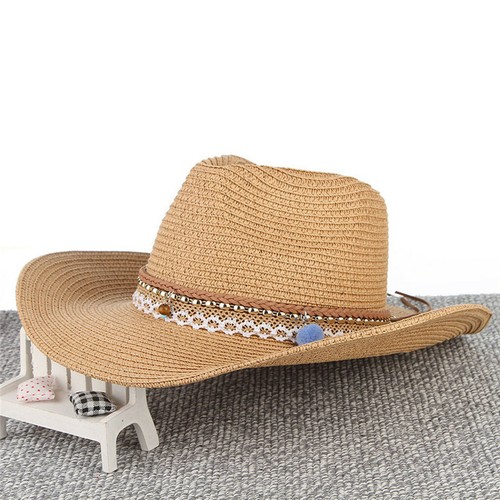Unisex Men Women Retro Western Cowboy Riding Hat Leather Belt Wide Brim Cap Hat