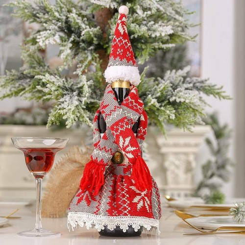 Christmas Knitted Scarf Hat Skirt Bottle Cover Party Table Decor Wine Bottle Bag