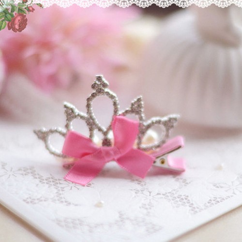 Baby Girls Crown Kids Hair Clip Ribbon Bowknot Hairpin Rhinestone Zircon Clip