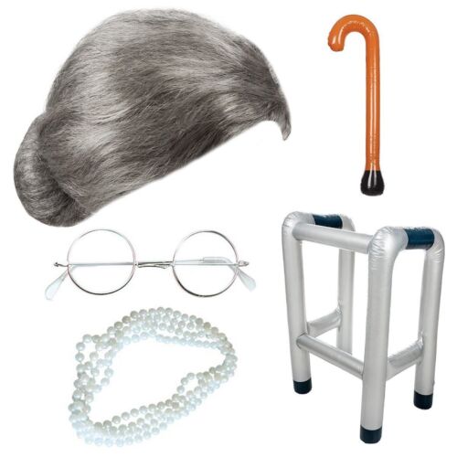 ADULTS GRANNY OLD LADY WIG INFLATABLE ZIMMER FRAME WALKING STICK PEARL BEADS