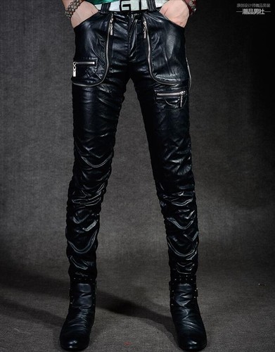 27-36Inch Mens Singer Dance Long Pants Nightclub Party Slim PU Trousers HOT N419