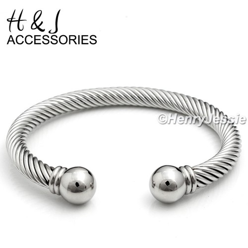 Stainless Steel 7mm Silver Twisted Cable Round Cuff Adjustable Bracelet*B80