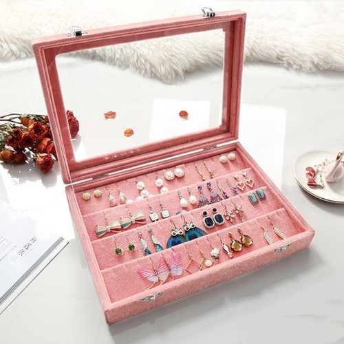 Velvet Jewelry Organizer Earrings Pendant Storage Display Case Clear Lid M