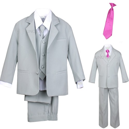Boy Infant Toddler Light Silver Formal Suit Tuxedo S-20 New 6pc Extra Neck tie
