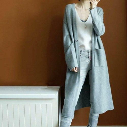 Women/'s Autumn Cashmere Cardigan Long Sweater With Pockets Loose Coat S-XXL SIZE