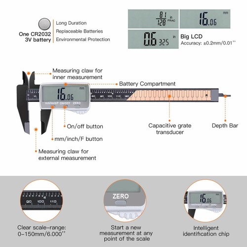 Digital Caliper 6 Inch With Larger Lcd Display Inch//Fractions//Millimeter Conver