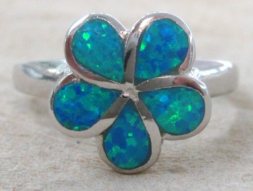REAL sterling silver Blue Green Created Opal FRANGIPANI Ring L N P R TEEN GIRL
