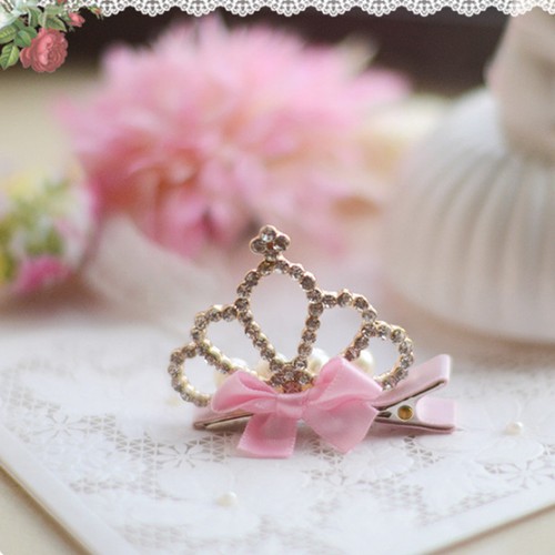 Baby Girls Crown Kids Hair Clip Ribbon Bowknot Hairpin Rhinestone Zircon Clip