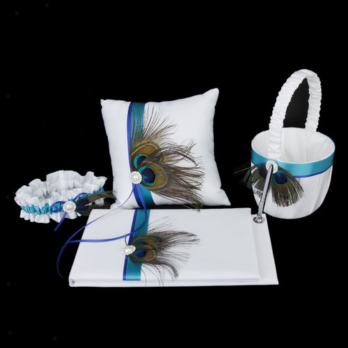 Stift Blumenkorb Garter Set Pfau-Feder-Braut Gast-Buch Ringkissen