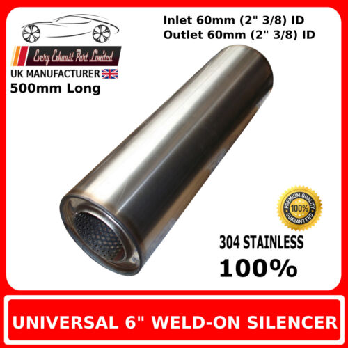 6" x 20" Weld On Stainless Steel Silencer Exhaust Box Body 60mm 2" 3/8" Bore 
