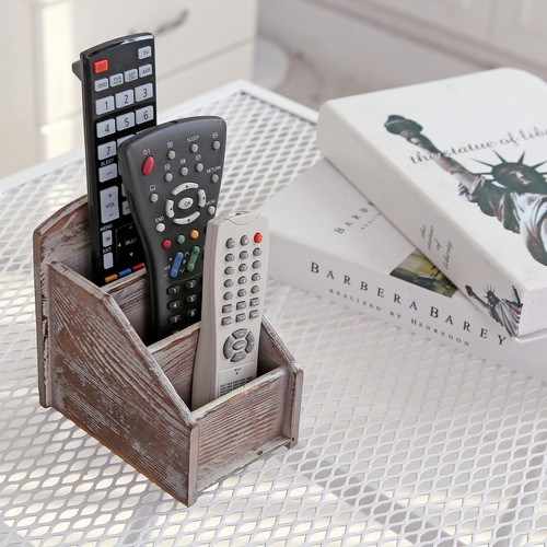 Rustic Wood Remote Control Caddy 3 Slot Office Supply Storage Rack Brown