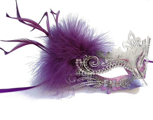 Eyemask Costume Accessory Purple and Silver Metal Masquerade Mask with Feather