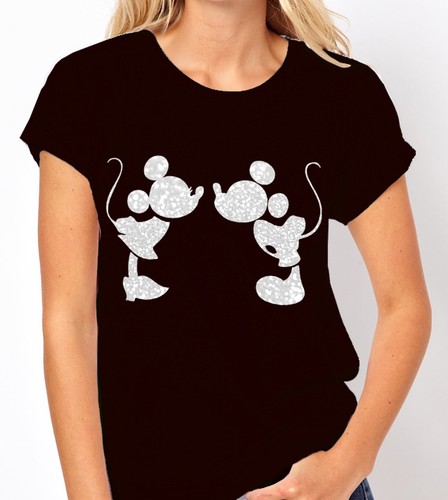 Disney Mickey /& Minnie Glitter Silhouette Ladies Black T Shirt