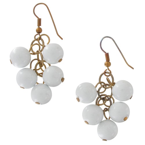 White Beaded Cluster Gold Tone Pierced Earrings 2/" Dangle