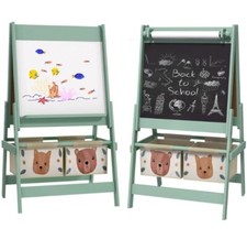 AIYAPLAY Kids Easel with Paper Roll, Blackboard, Whiteboard, Storage, Green